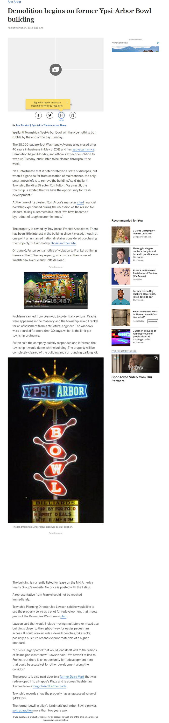 Ypsi-Arbor Lanes - 2013 Article From Mlive (newer photo)